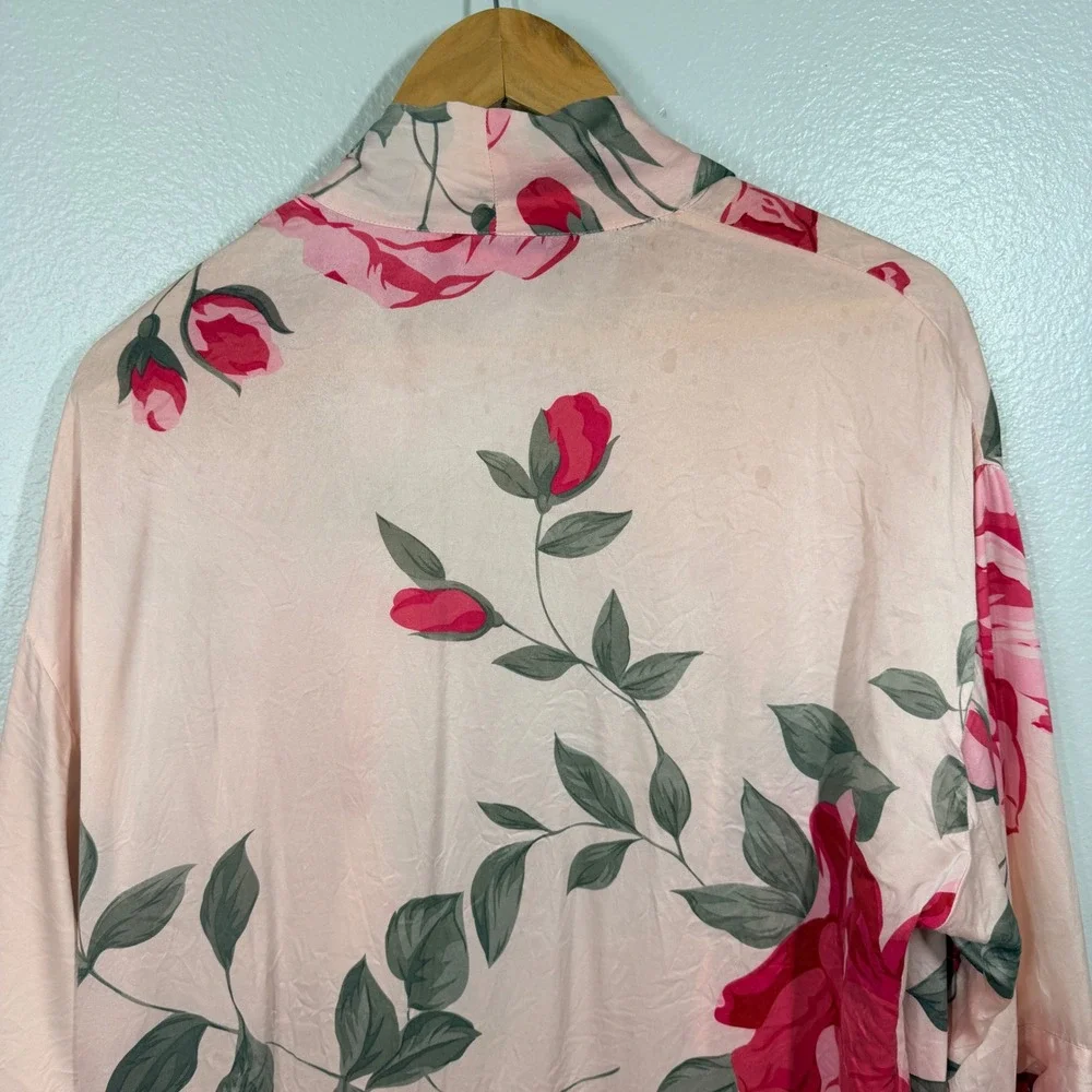 August Silk Robe Women M Pink Floral Long Silk Belted Pockets Lingerie